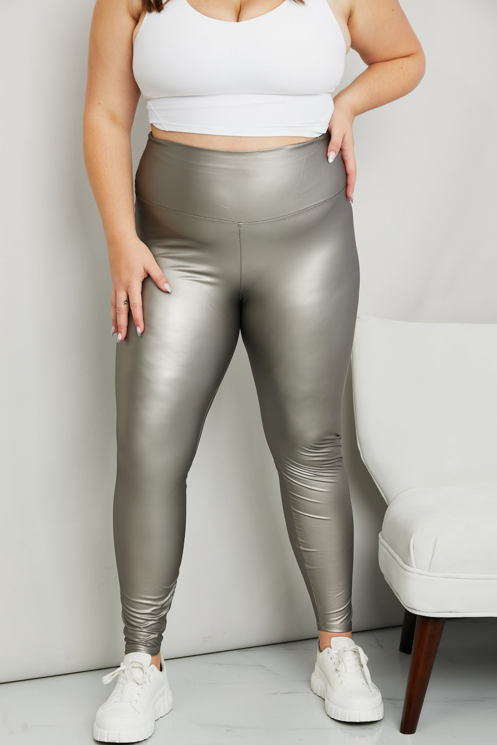 Leggings Depot Full Size PU Leather Wide Waistband Leggings in Silver