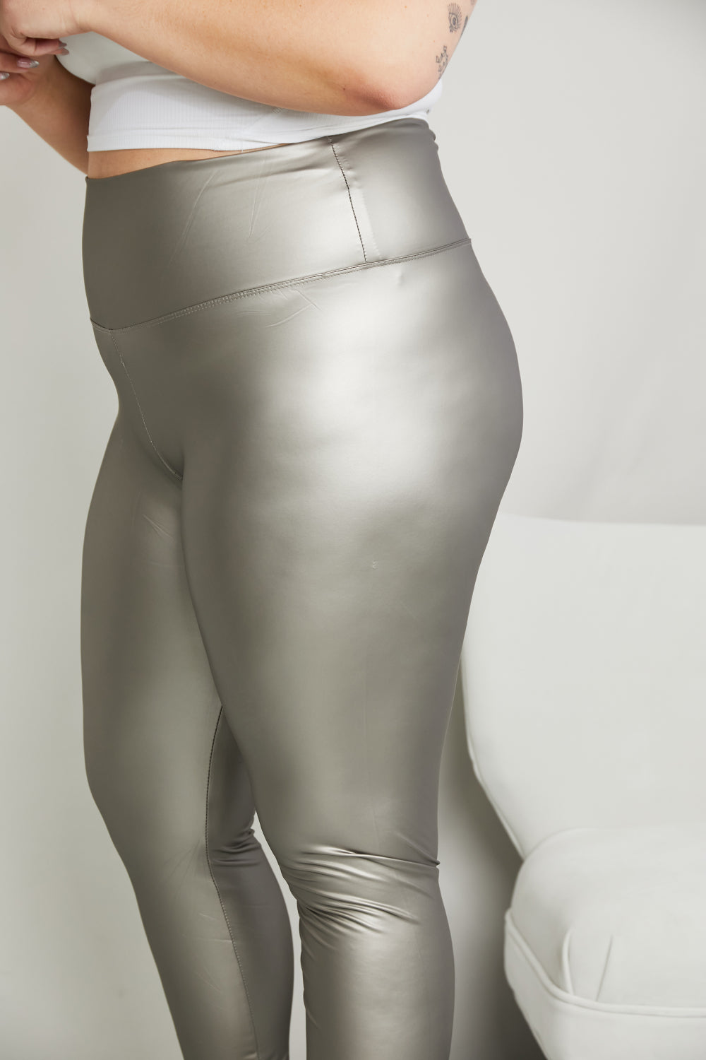 Leggings Depot Full Size PU Leather Wide Waistband Leggings in Silver