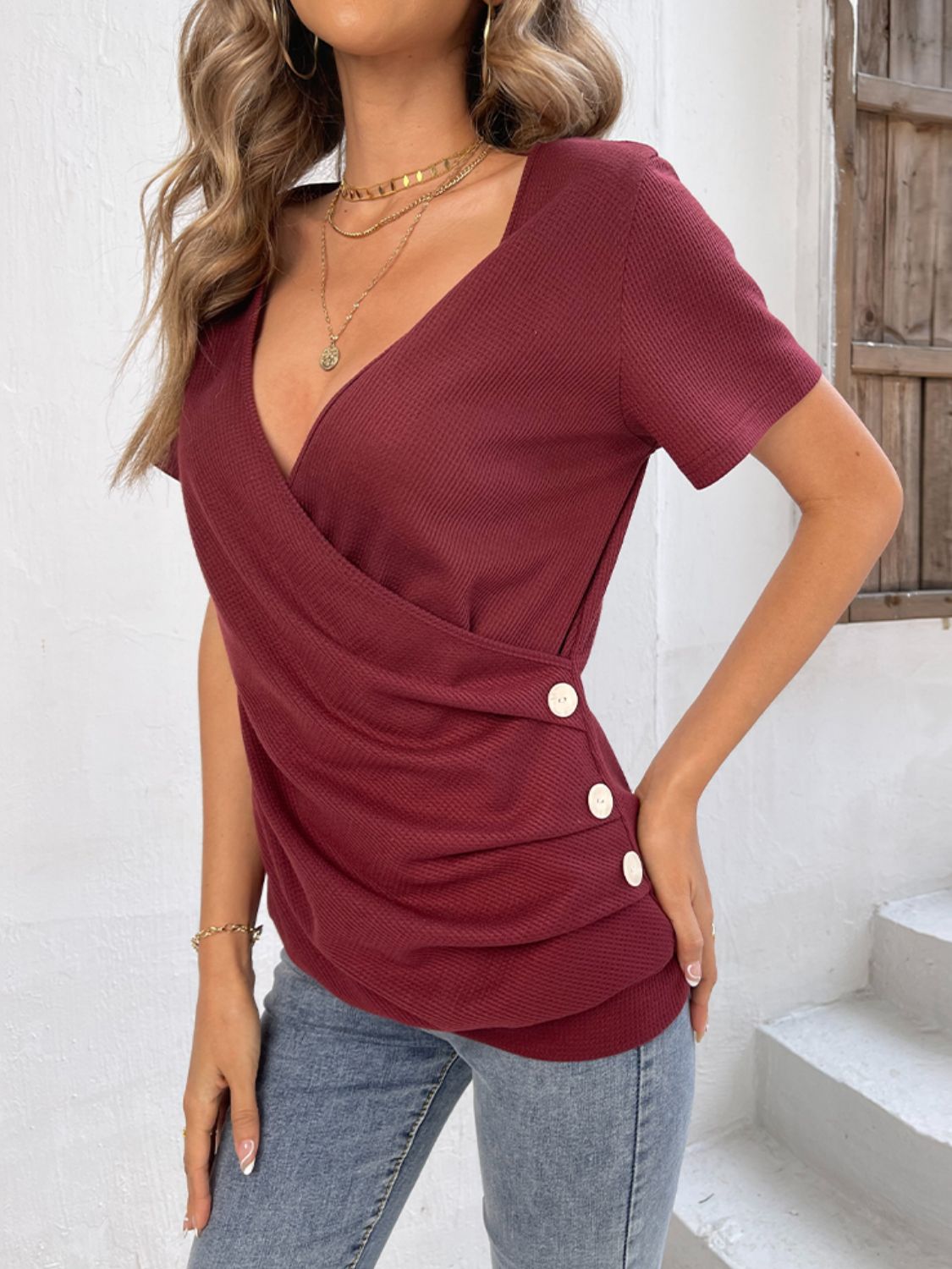 Button Detail Surplice Short Sleeve Tee