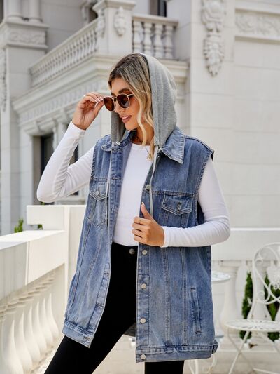 Drawstring Pocketed Button Up Sleeveless Denim Jacket