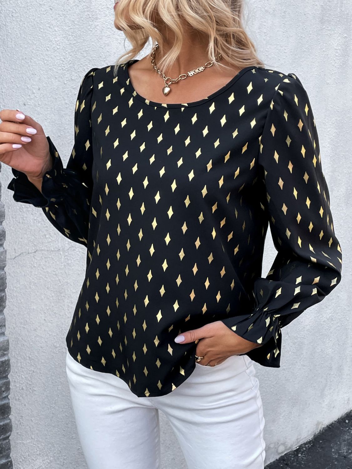 Printed Round Neck Flounce Sleeve Blouse