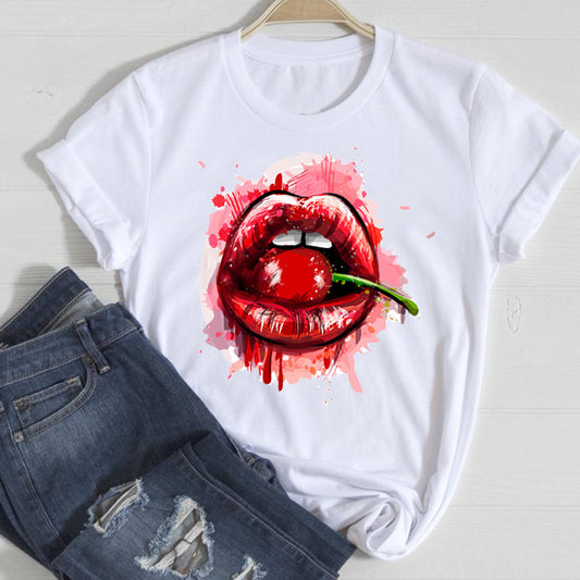 Women's Seductive Lip With A Cherry Graphic T-shirt