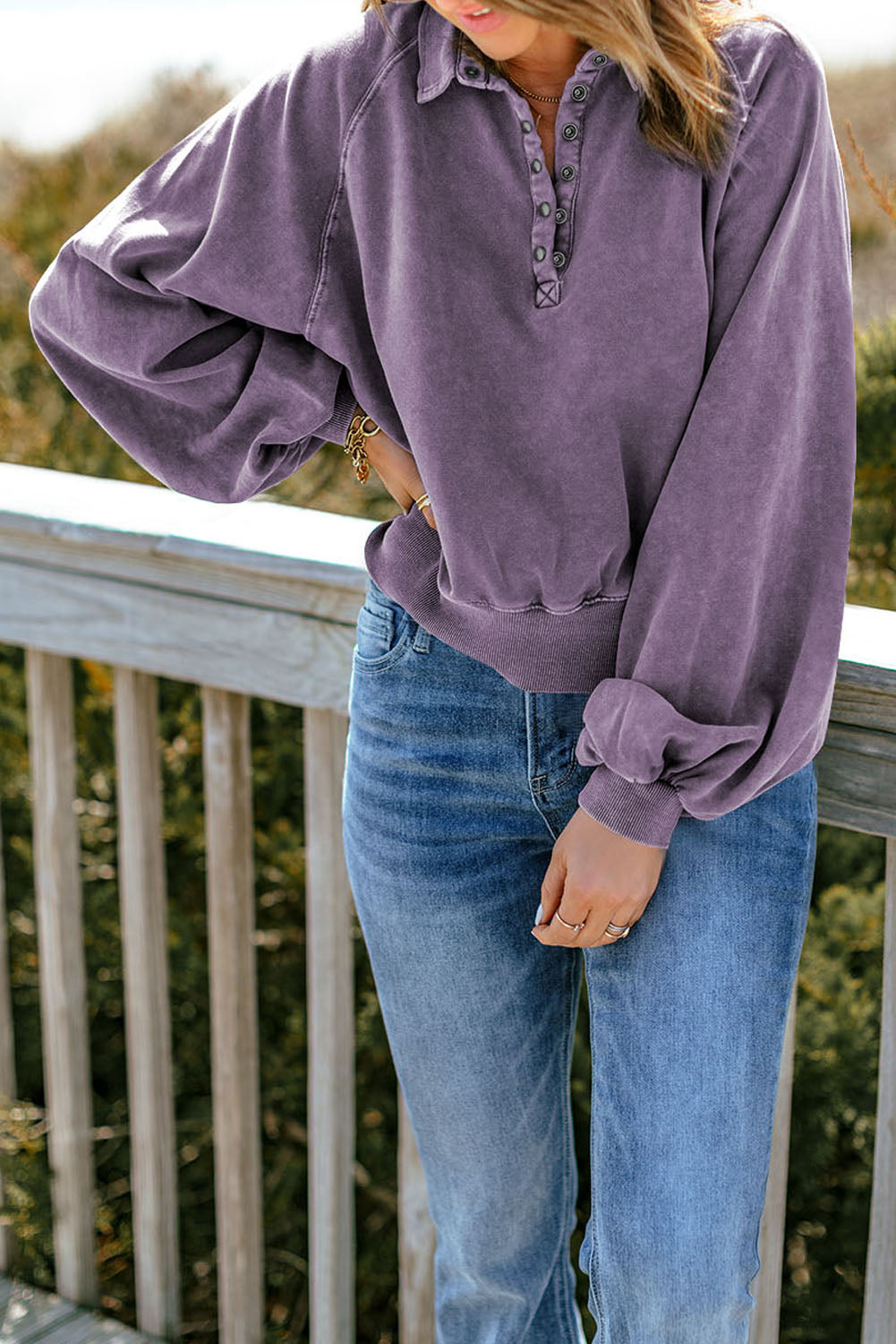 Quarter-Snap Collared Lantern Sleeve Sweatshirt