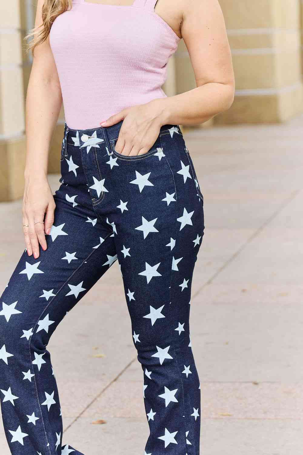 Judy Blue Janelle Full Size High Waist Star Print Flare Jeans