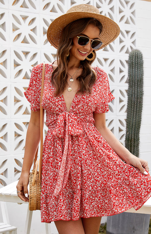 Women's Floral Print Tie Front Short Sleeve Mini Dress