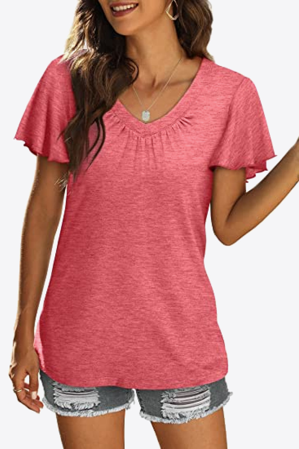 V-Neck Flutter Sleeve Tee Shirt