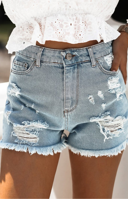 Women's Casual Ripped Raw Hem Denim Shorts