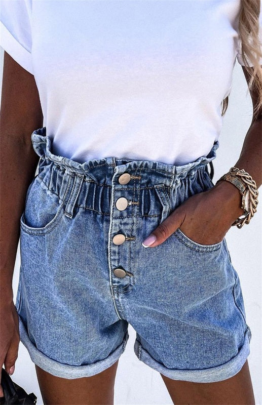 Women's Gray Ruffled High Waist Buttoned Denim Shorts