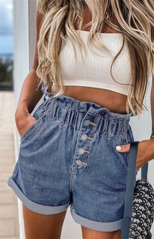 Women's High Waist Bud Button Denim Shorts