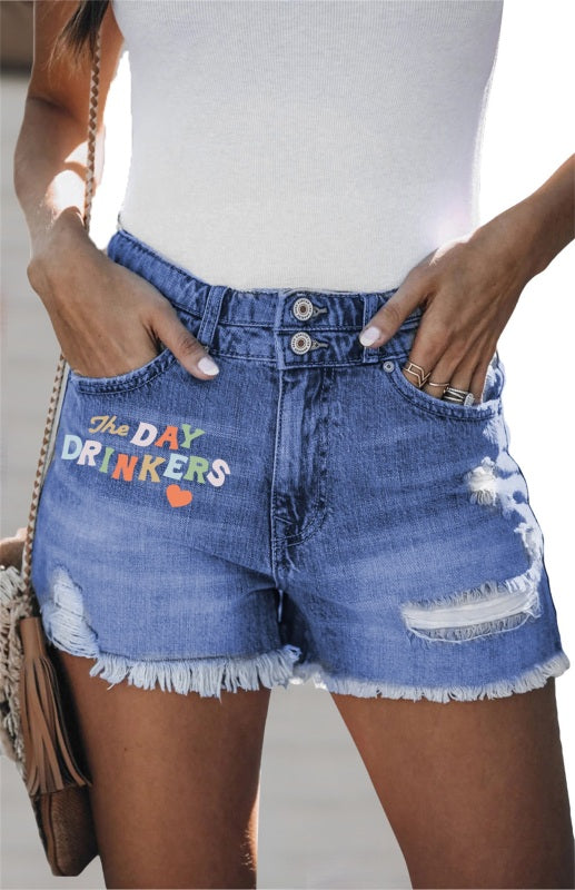 Women's Letters Print Raw Cuffs Denim Shorts