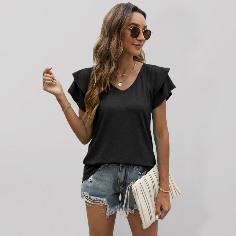 Summer new solid color V-neck double layer ruffled sleeve loose top t-shirt