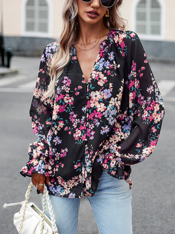 Elegant floral print shirt with V-neck buttons blouse