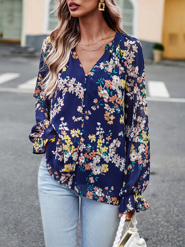 Elegant floral print shirt with V-neck buttons blouse