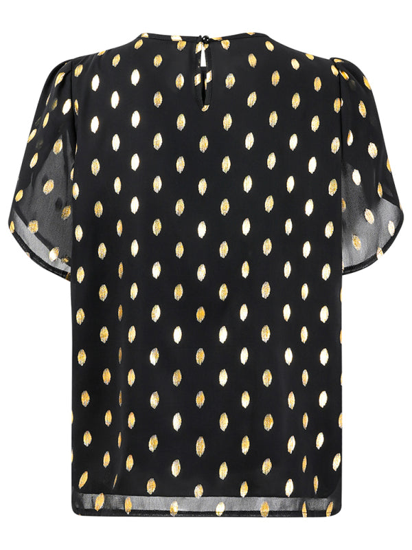 New round neck pleated polka dot short sleeve top