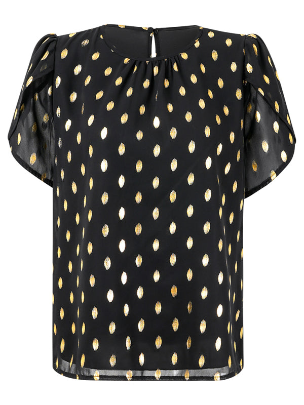 New round neck pleated polka dot short sleeve top