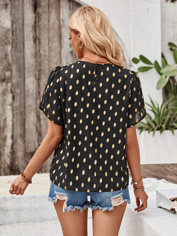 New round neck pleated polka dot short sleeve top