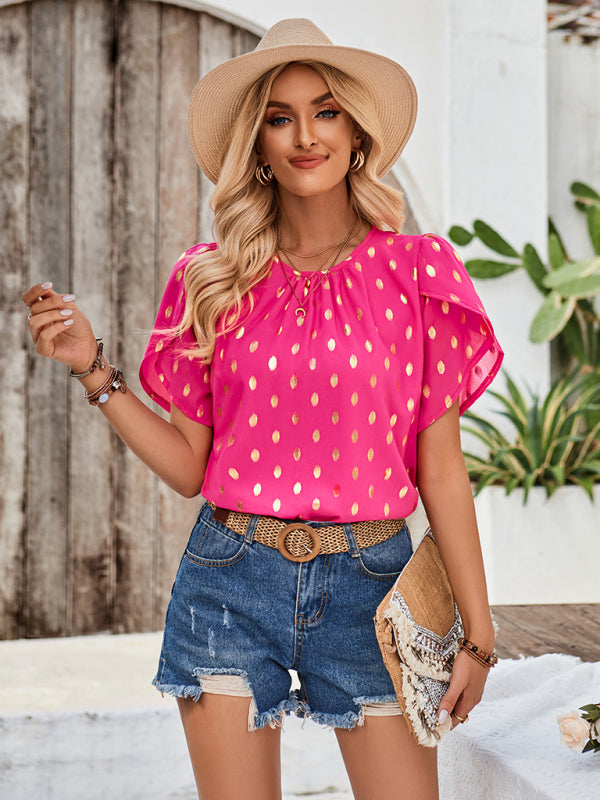 New round neck pleated polka dot short sleeve top