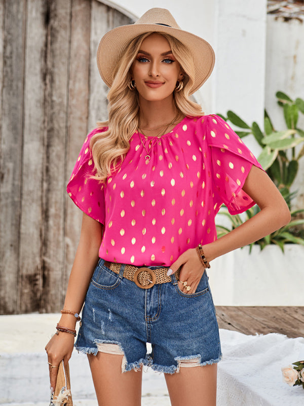 New round neck pleated polka dot short sleeve top