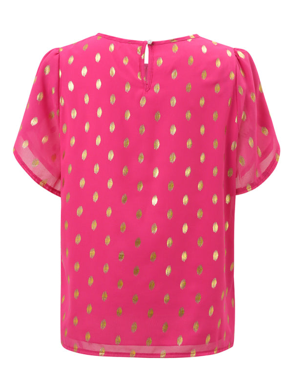 New round neck pleated polka dot short sleeve top