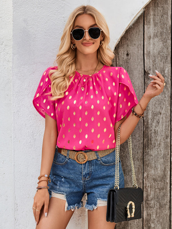 New round neck pleated polka dot short sleeve top