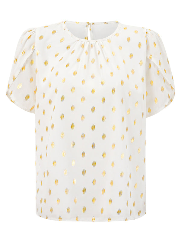 New round neck pleated polka dot short sleeve top