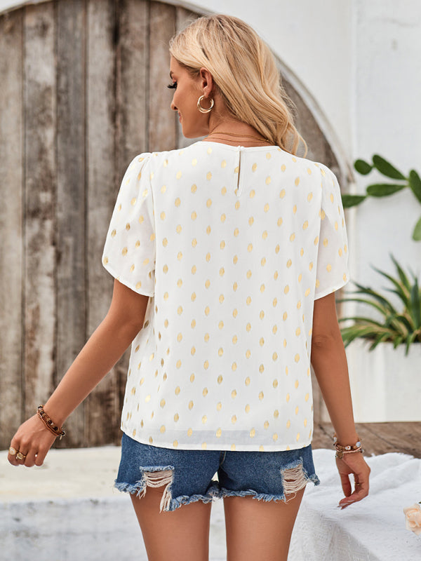 New round neck pleated polka dot short sleeve top