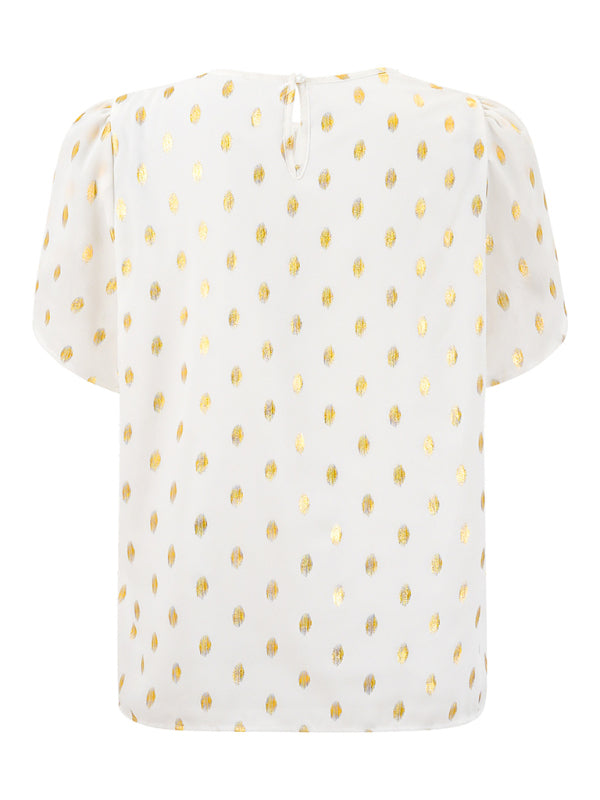 New round neck pleated polka dot short sleeve top